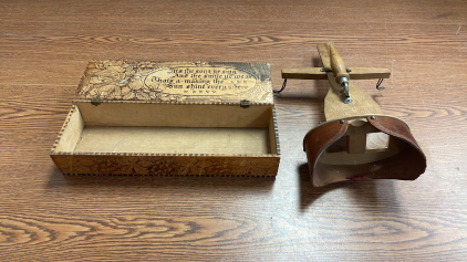 ANTIQUE STEREOSCOPE & PYROGRAPHY WOOD BOX WITH WOOD BURNED FINISH