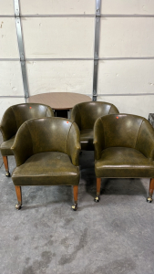 (4) LEATHER LIKE GREEN ROLLING CHAIRS AND ROUND TABLE