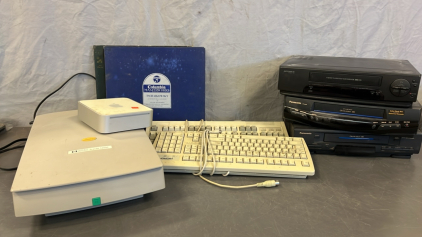 (3) VHS PLAYERS, (3) KEYBOARDS, VINTAGE VINYL RECORDS, AND MORE