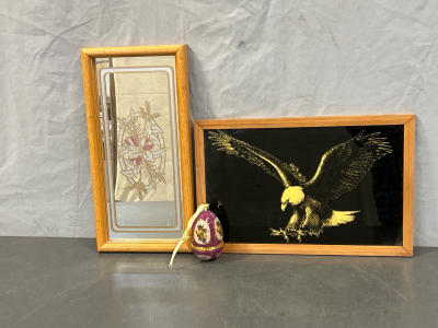 CERAMIC CHRISTMAS ORNAMET EGG WITH GIFT COMPARTMENT, FRAMED FLORAL ACCENT GLASS AND FRAMED BALD EAGLE WALL HANGING