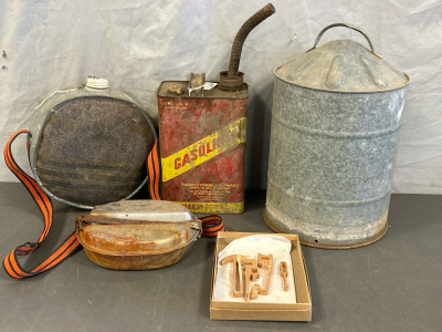 VINTAGE METAL GAS CAN, METAL SILO LOOK CAN TOP, CANTEEN, CAMP PLATE AND SMALL HAND CARVED WOODEN TOOL ORNAMENTS