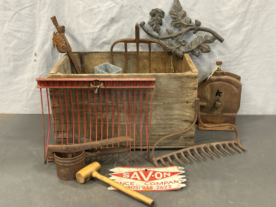 OLD WOOD CRATE WITH ANTIQUE/VINTSGE PITCH FORK-FORK, RAKE HEAD, SNALL WOODEN MALLET, PULLEY AND MORE