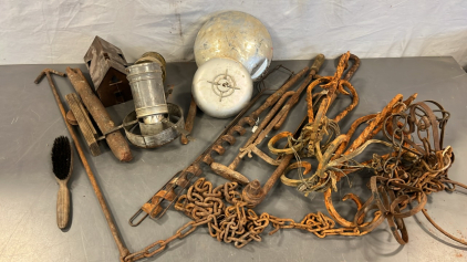 VINTAGE RUSTY METAL LAMPS, HUB CAP, ALARM, AND MORE