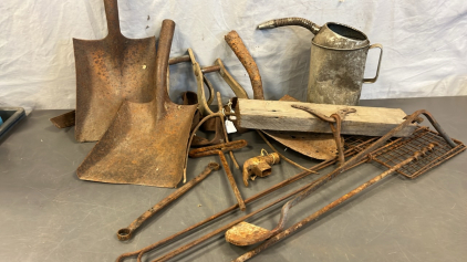 VINATGE SQUARE SHOVEL HEADS, METAL TOOLS, WOOD STRUPS, AND MORE