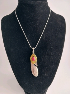 Tibetan Silver Feather With Red Turquoise Insert on .925 Necklace