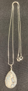 White Fire Agate Teardrop Gemstone .925 Necklace