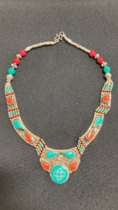 Blue Turquoise and Red Coral Gemstone Necklace
