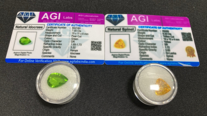 7.00ct Certified Gemstone Green Pear Cut Idocrase, 9.20ct Certified Gemstone Trillion Cut Yellow Spinel
