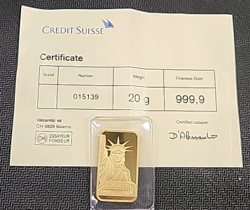 (1) Credit Suisse 20-Gram 99.99% Pure Gold Bar with COA