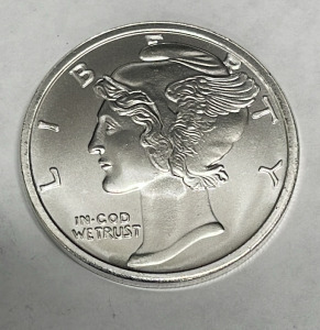 One Troy Ounce .999 Silver Mercury Dime Silver Bullion Round