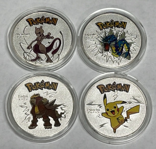 (4) Pok&eacute;mon Character Silver Plated Coins&hellip; Pikachu, MewTwo, Gyarados, Entei