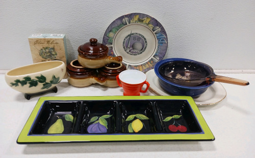 (3) Clay Soup Bowls W/Lids (1) Ceramic Appetizer Tray (1) Blue Fiesta Ware Bowl & More!