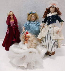 (2) Vintage Holiday Barbie Dolls (1) Porcelain Doll W/Stand (1) Heritage Collection Porcelain Doll W/Stand