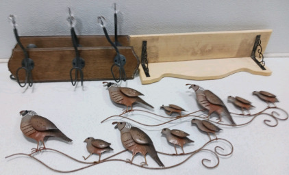 (2) 24" Bird Metal Decor (2) 18" Coatracks (one is broken) (1) 22" Wood Shelf