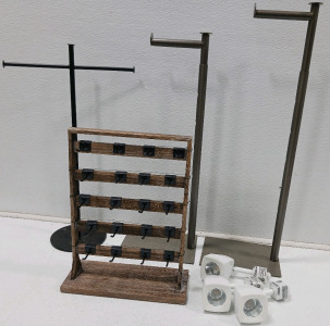 (1) Wooden Jewelry Stand W/20 Black Hooks (3) Lithonia Lighting Lights (2) Silver Tone Toilet Paper Holders (1) Black Metal Jewelry Stand