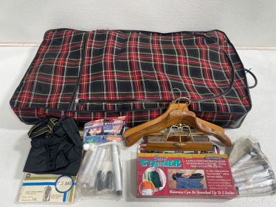 Wardrobe Suitcase Full of Waistband Stretchers, Hangers & Clothes Bags