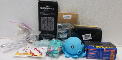 (1) EMS Footmassager (1) Shower Head (1) Blue Squish Squid & More