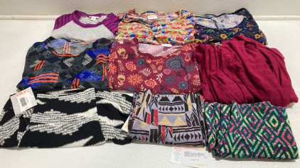 (9) XS Lularoe Clothes: (3) Skirts, (2) Dresses, (3) Tops, (1) Cardigan
