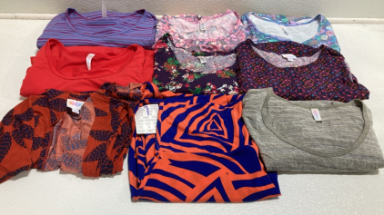 (9) Large Lularoe Clothes: (7) Tops, (1) Shawl, (1) Skirt