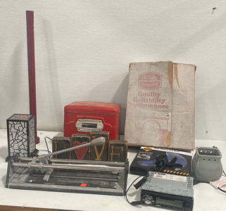 (1) Blue Hawk Tile Cutter (1) Dust Mask (1) Kirby Vaccum Accessories Set (1) Set of Devore Blocks And More!