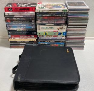 Assorted DVD Movies, Various CDs, Travel Case of Movies, (1) VHS