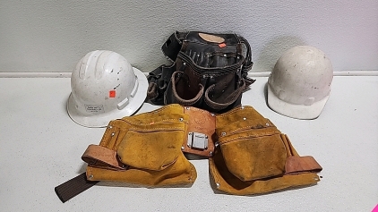 (2) Hardhats, (2) Leather Toolbelts