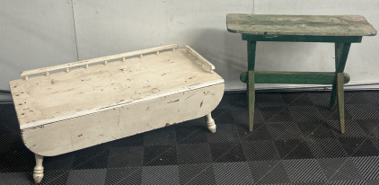 (1) Vintage White Wooden Coffee Table (1) Green Wooden Bench