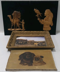 (2) Felt Arabian Wall Hangings (1) Framed Cowboy Portrait (1) Dog Hanging Picture