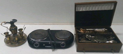 (1) Vintage Cordial Set (1) Fiberware 2 Burner Hot Plate (1) Silverware Box W/ Varied Sets