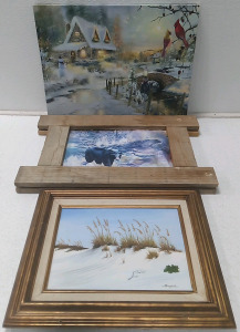 (1) Xmas Picture (2) Wood Pictures Frames (1) Framed Picture