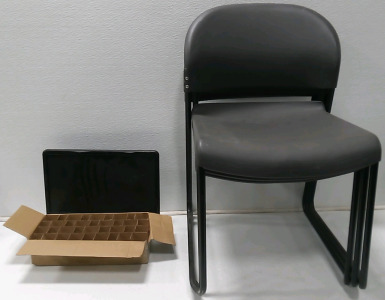(3) Metal/Plastic Lobby Chairs (1) AOC Computer Monitor (1) Box of Assorted Light Bulbs