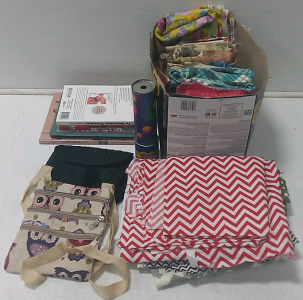 (5) Kids Books (1) Box of Table Cloths (2) Bags (1) Vintage Kaleidoscope