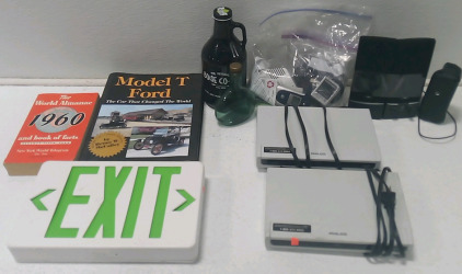 (2) Books (1) Exit Sign (2) Glass Bottles (2) PHILCO DTV Digital to Analog Converter & More