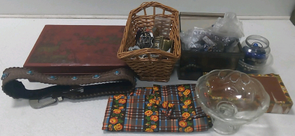 (1) Jewelry Box (1) Box of Assorted Costume Jewelry/Belts (1) Glass Candy Dish & More