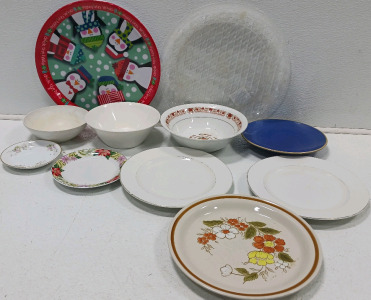 (3) Large Dining Tables (3) Bowls (1)Deck The Halls Penguin Christmas Plastic Tray Diameter 14" &More