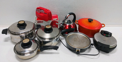 (1) Oster Waffle Iron (1) Dash Mixer (3) Pcs Pots & Pan Set & More!