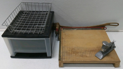 (1) Plastic Cubby (1) Wire Paper Holder (1) Vintage Paper Cutter (1) Vintage Table Stapler