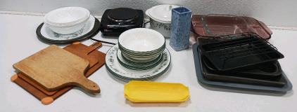 (2) Pyrex Baking Pans (25) Pcs Corelle by Corning Plates & Bowl Set (3) Wood Cutting Boards & More