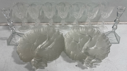 (7) Beautiful Wine Glasses (2) Candle Holders (8) Plates