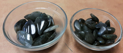 (2) DISHES FLASHY LABRADORITE CABOCHONS AND TUMBLED STONES