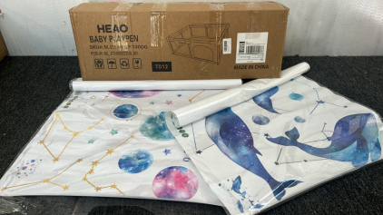 HEAO BABY PLAYPEN AND (2) WALL STICKERS OF BLUE WHALES AND COLORFUL PLANETS AND MORE