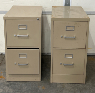 PAIR OF 2-DRAWER METAL FILING CABINETS- (1) DRAWER DOES NOT CLOSE ALL THE WAY