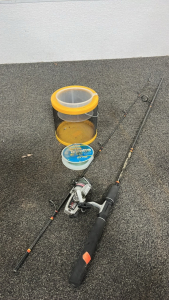 MEDIUM ACTION FISHING POLE, BERKLEY LINE AND YELLOW LIVE TRAP/ CONTAINER