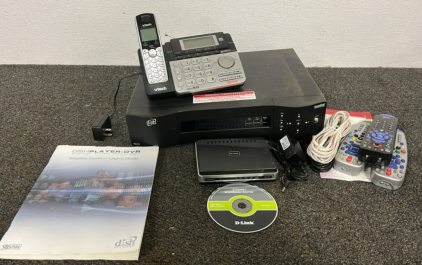 DISH NETWORK RECIVER, REMOTES, VTECH HOME PHONE, D-LINK BROAD BABD ROUTER AND MORE