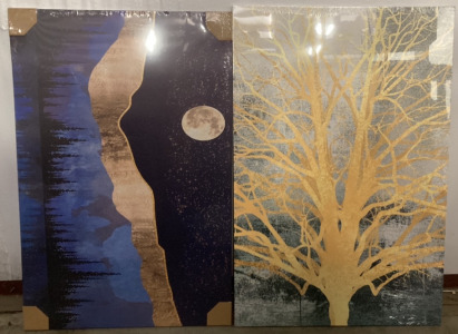 (1) GOLD TREE PRINT ON CANVAS (24X35.5”), (1) TREES UNDER MOON PRINT ON CANVAS (23X34.5”)