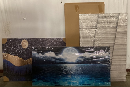 (1) TREES UNDER MOON PRINT ON CANVAS (35x23”), (1) HANDMADE BLACK AND WHITE PRINT (35.5x24”), (2) OCEAN UNDER MOON PAINTINGS (50x100CM)