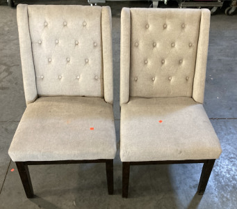 (2) MATCHING DINING ROOM CHAIRS WITH FABRIC SEATS AND BACKINGS (21.5”X40”)