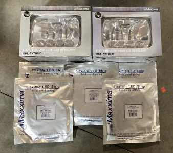 (2) MAXXIMA HIGH/LOW BEAM HEADLAMPS (5&rdquo;X7&rdquo;) (MHL-5X7HILO) WITH 12/24 DUAL VOLTAGE, AND (5) MAXXIMA FLEXIBLE LED STRIP SOLID STATE LIGHTING