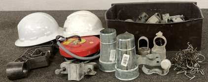 BOX OF ASSORTED FENCE MATERIALS, HARD HATS, CLAMP, AND MORE