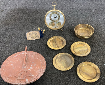 VINTAGE CLOCK, CHARLIES ANGELS BELT BUCKLE, BRASS TRAY WITH PLATES, AND VINTAGE SUNDIAL